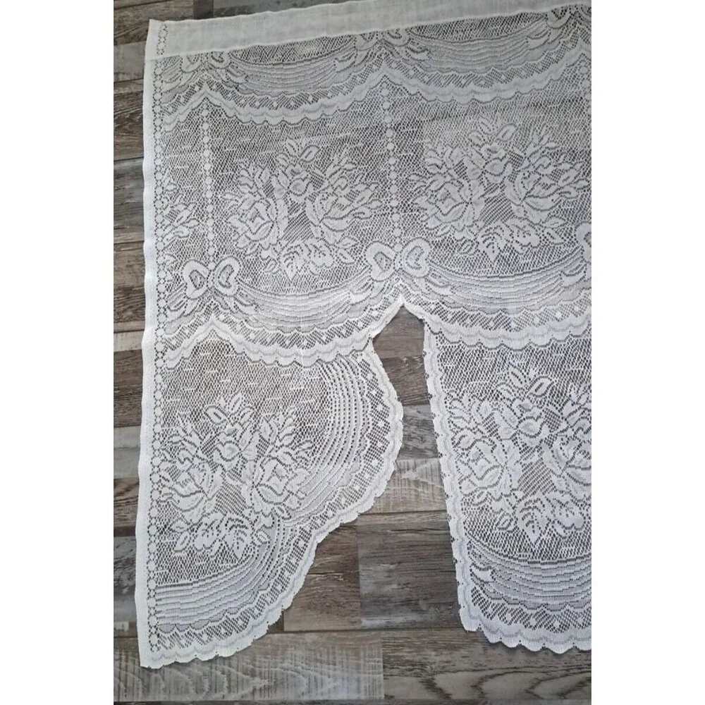 White Lace Swag Curtain Panel Floral Bows Cottage Country Farmhouse 58x35